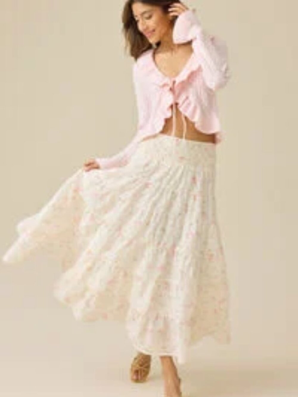 Floral Tiered Maxi Skirt - Cream with Pink Floral